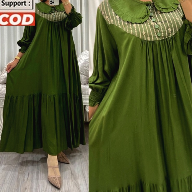 Midi Gamis Dress Arab Original Warna Hijau Army Tua Cantik Kekinian Terbaru 2023