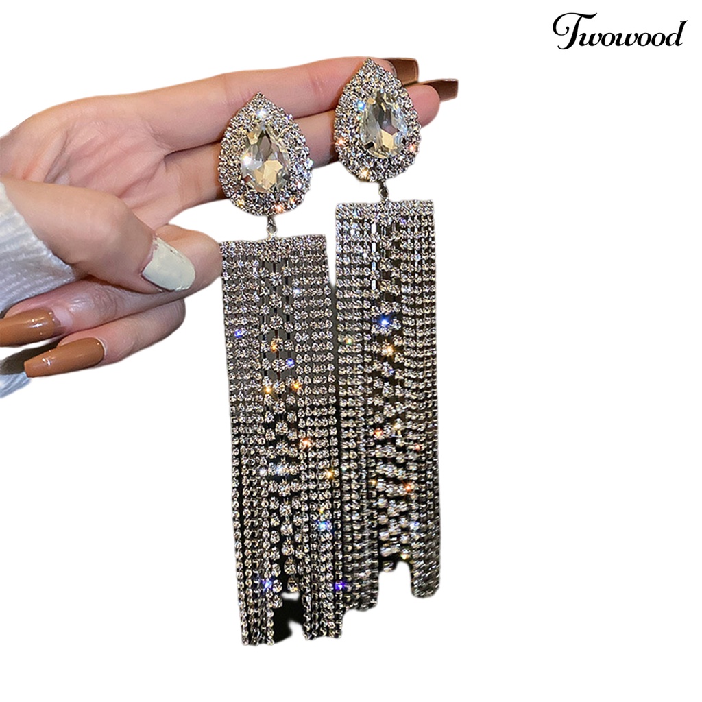 Twowood 1pasang Anting Rumbai Oversize Berlebihan Geometris Eropa Dan Amerika Temperamen Berdandan Ornamen Tetesan Air Panjang Rumbai Kristal Imitasi Anting Perhiasan Fashion