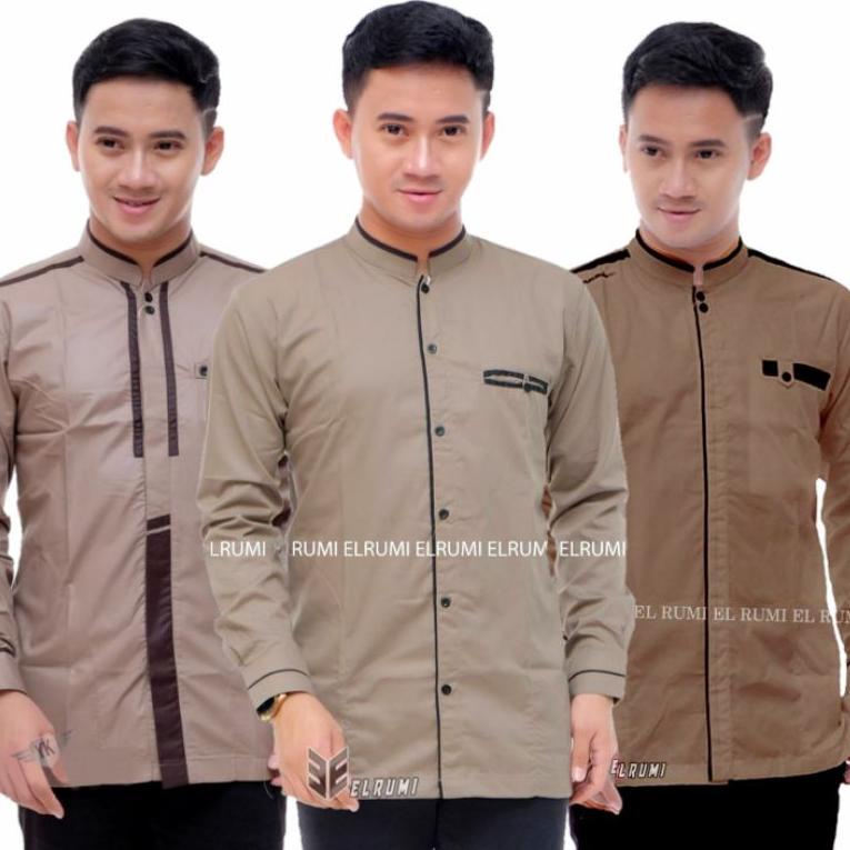 REKOMENDASI Baju Koko Muslim Pria Dewasa Lengan Panjang Motif Polos Kombinasi Warna Coklat Mocca Mil