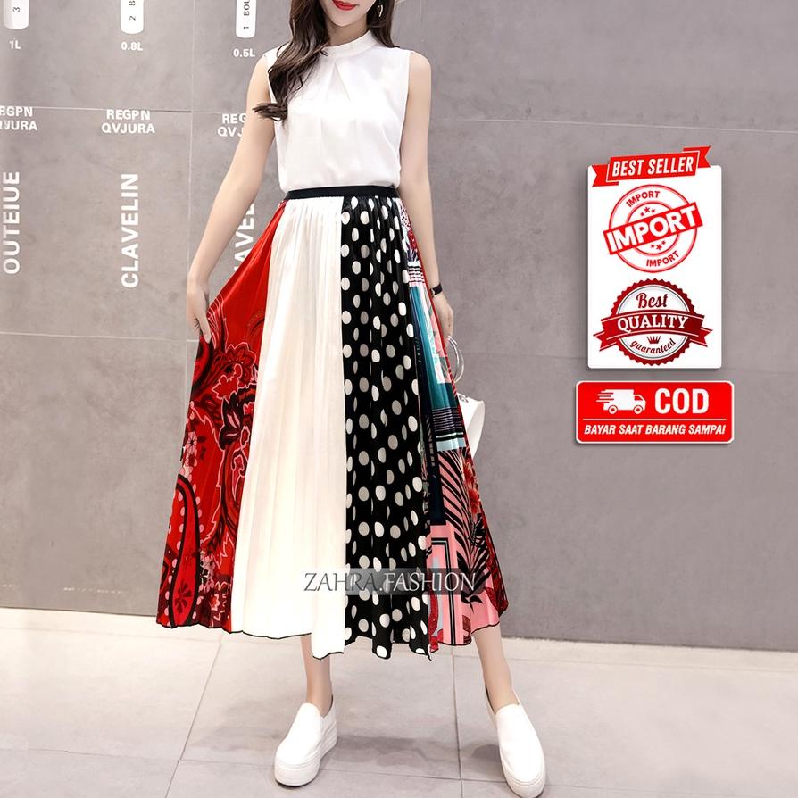 ➩ Rok Plisket Motif Polkadot Satin Premium Import murah 7/8 style korea terbaru | 321-3 | Rok Priske