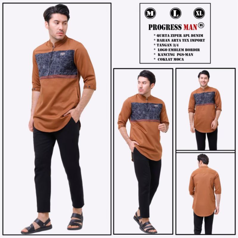 Pakaian Muslim Pria Baju Koko Kurta Pakistan Premium Original Progressman  Model Denim Aplikasi