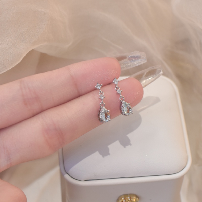 Roselife Elegan Biru Zirkon Tetesan Air Menjuntai Anting Wanita Perempuan Mewah Bersinar Mermaid Tears Earring Untuk Pesta Pernikahan Pertunangan