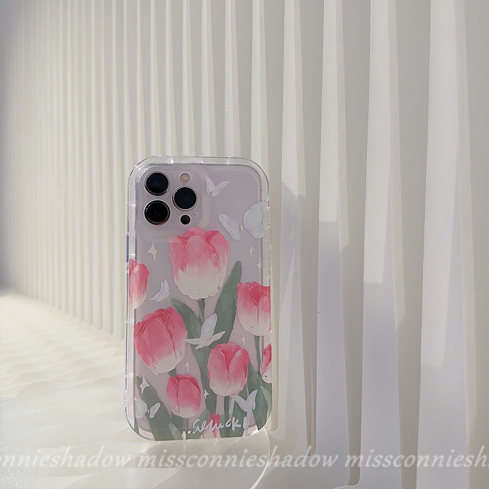 IPHONE Fashion Ins Korea Lukisan Minyak Tulip Case Kompatibel Untuk Iphone11 13 12 14 Pro Max 7Plus 8Plus XR 6 6s 8 7 Plus X XS Max SE 2020 Fresh Spring Flowers Shockproof Airbag Soft Cover