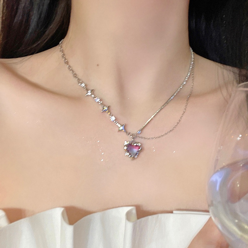 Fashion Kalung Rantai Kristal Untuk Wanita Elegan Opal Jantung Liontin Aksesoris Perhiasan