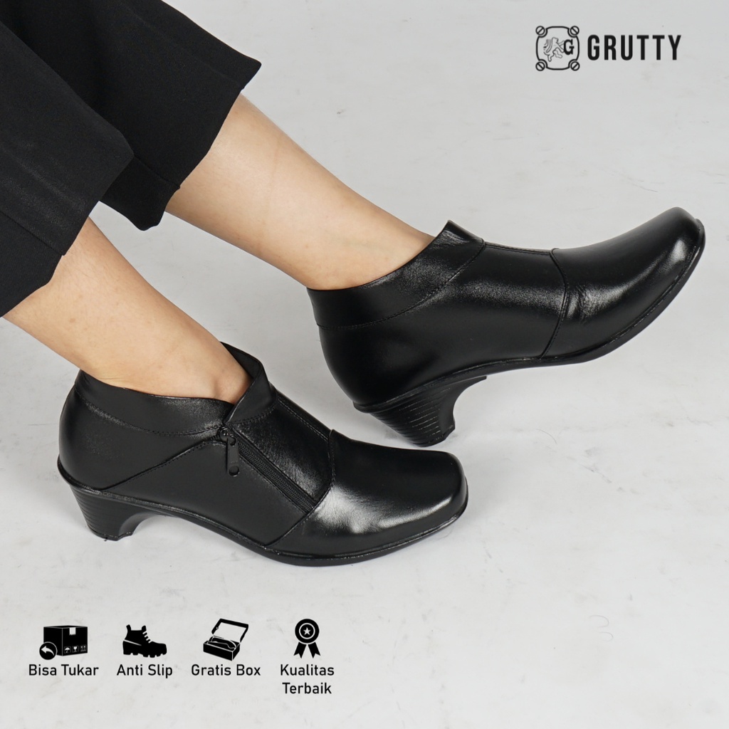 Sepatu Wanita Boots PDH Kulit asli Grutty Jasmin Hitam hak 5cm