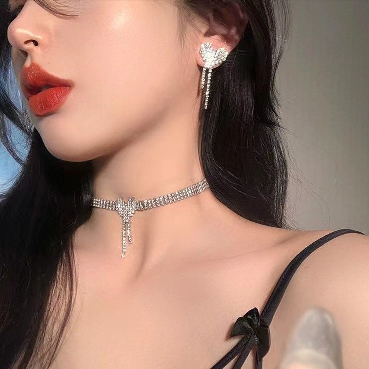 IFYOU Kalung Jumbai Hati Simple Choker Rantai Klavikula Kristal Silver Untuk Aksesoris Perhiasan Wanita