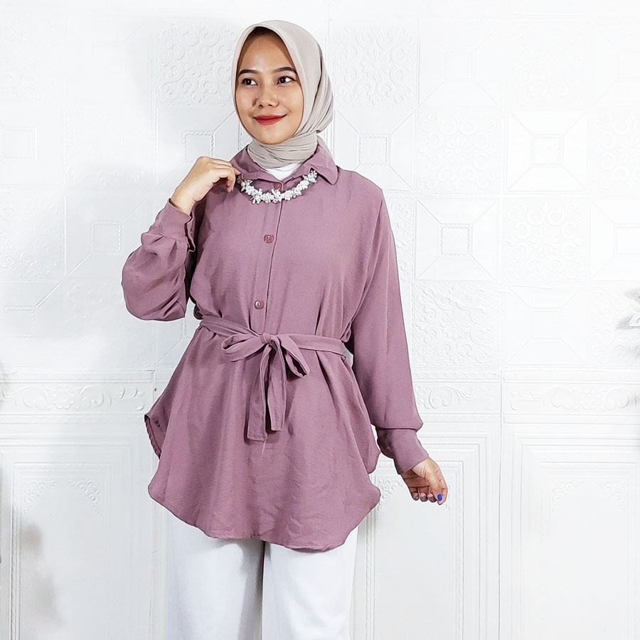 CARLINA SALIARA CRINGKLE AIRFLOW BLOUSE KEMEJA WANITA LENGAN PANJANG FREE GESPER