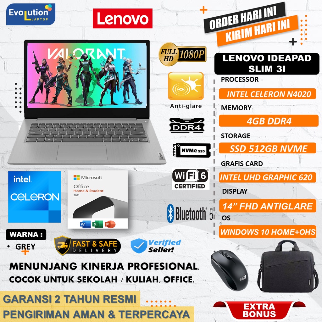 Laptop Pelajar Lenovo Ideapad Slim 3i 14 INTEL N4020 4GB 512GB FHD WIN10HOME + OHS GREY