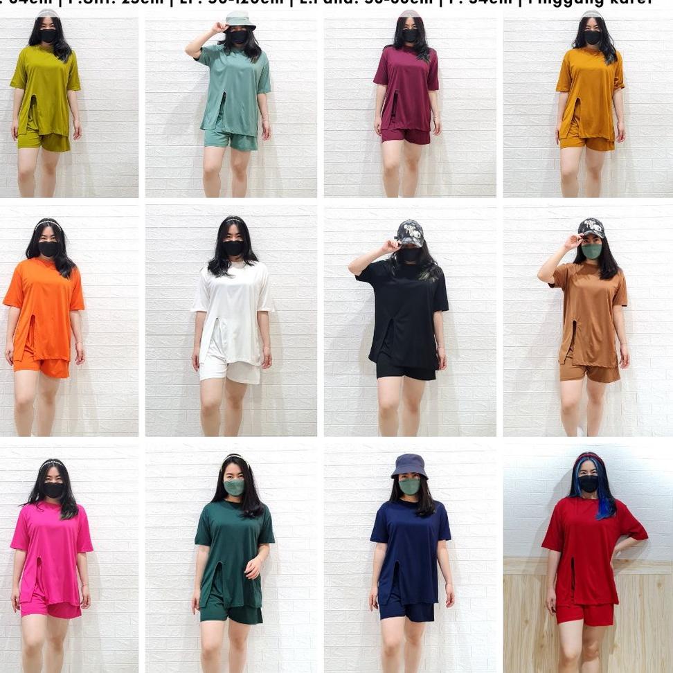 STOK TERBATAS READY 4119 FREYA ONE SLIT SHORT SET KAOS POLOS BIGSIZE OVERSIZE S-XL
