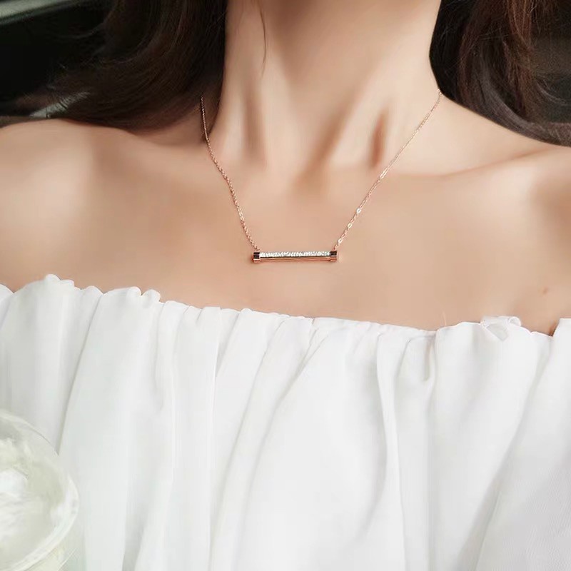 Kalung Berlian Imitasi Model Datar | Kalung Rantai Dengan Liontin Strip Horizontal Full Berlian Imitasi Untuk Wanita | Aksesoris Wanita Bahan Stainless Steel