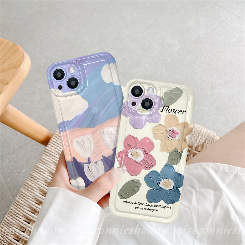 IPHONE Fashion Fresh Art Flower Tulips Lukisan Minyak Flowers Casing Ponsel Kompatibel Untuk Iphone11Xr 14 13 12 Pro MAX 6 6S 7 8 Plus X XS MAX Lembut TPU Shockproof Airbag Bening Penutup Belakang