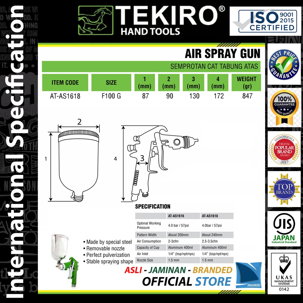 Pistol Semprotan Cat 0.75 ~ 1 liter Gagang Semprot Tabung Atas - Air Spray Gun Type FG TEKIRO