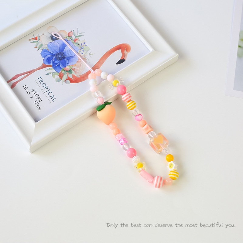 Ins Lucu Peach Rantai Ponsel Anti Hilang Lembut Tembikar Tali Tali Tali Lanyard Manik-Manik Akrilik Warna-Warni Kasus Ponsel Kabel Gantung
