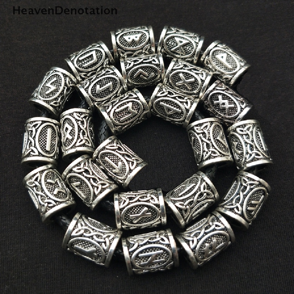 [HeavenDenotation] 24pcs Viking Runes Set Manik-Manik Longgar Spacer Manik-Manik Untuk Kepang Rambut Gimbal Manik-Manik DIY Membuat Perhiasan HDV