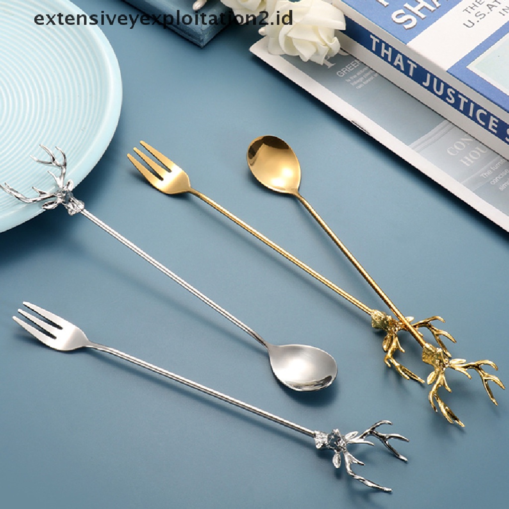 {NEW} 1pc Sendok Kue Kopi Tanduk Stainless Steel Garpu Dessert Spoon Stirring Fork.