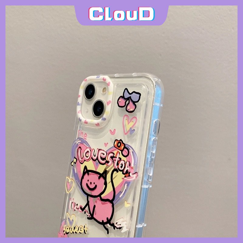 IPHONE Lucu Kartun Cinta Hati Kucing Ponsel Jernih Case Kompatibel Untuk Iphone11 13 12 14 Pro Max7 8 6s 6 Plus XR X XS Max SE 2020 Lembut Silicon TPU Airbag Shockproof Ins Graffiti Cover