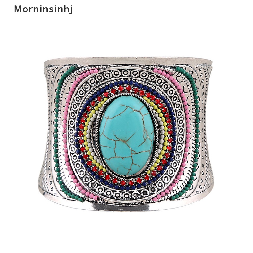 Mornin Bohemian Vintage Tibet Perak Turquoise Wanita Pesona Cuff Bangle Bracelets id