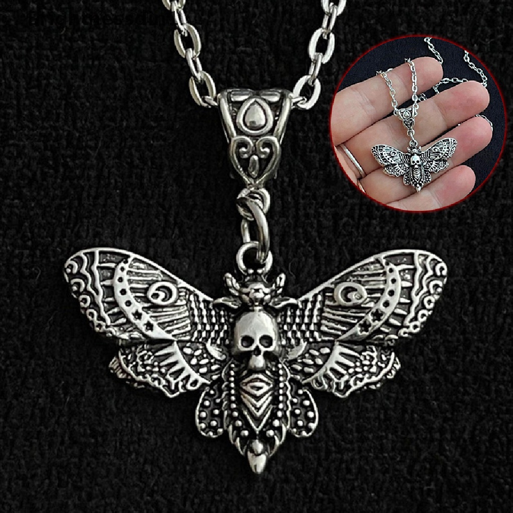 [Brightnessdin1] Death Moth Kalung Liontin 18inch Rantai Gula Tengkorak Gothic Butterfly Rock Emo Goth Warna Silver 18 Inch Rantai Kuat Butik