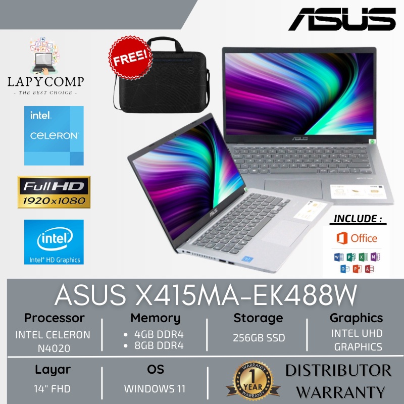 LAPTOP ASUS X415MA-EK488W INTEL CELERON N4020 RAM 8GB SSD 256GB 14" FHD WINDOWS 11 CUMA 3 JUTA-AN
