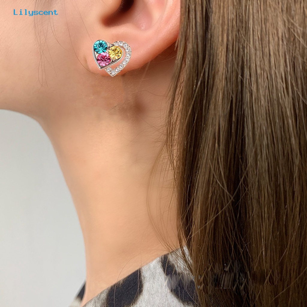 [LS] 1set Perhiasan Wanita Set Shiny Colorful Full Rhinestones Geometris Berkilau Hias Hadiah Anniversary Cinta Bentuk Hati Liontin Kalung Stud Anting Set Aksesori Fashion