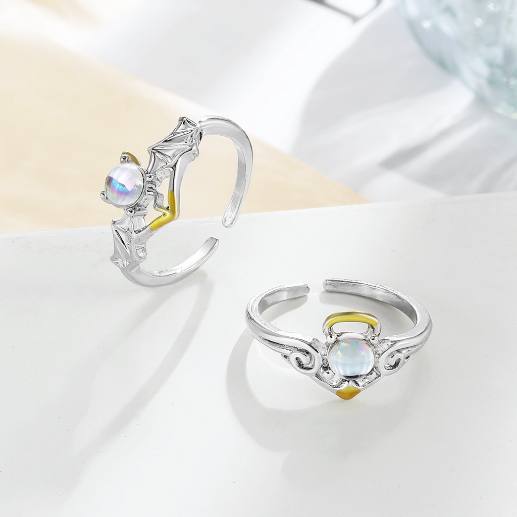 Kreatif Pasangan Malaikat Dan Setan Kartun Cincin Moonlight Batu Pembukaan Adjustable Pasangan Laki-Laki Dan Perempuan Cincin