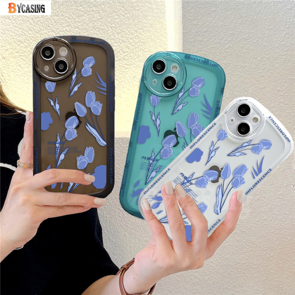 Realme 10 4G Realme C33 C35 C21Y C25Y 5 5i 5S 6i C21 C11 C25 C15 C12 C2 C3 C1 Narzo 50A Prime A1K Lensa Bulat Fashion Blue Tulip Floral Soft Silicone Clear Case BY