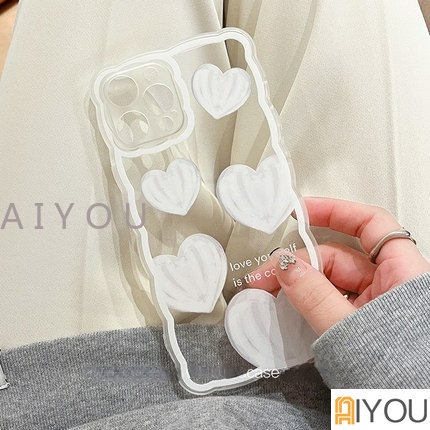 IPHONE Korea Bear Love Ring Holder Stand Wave Casing Ponsel Transparan Untuk Iphone12 13 14 Pro Max11 MiNi XR X Xs7 8 plus SE 3 Cover