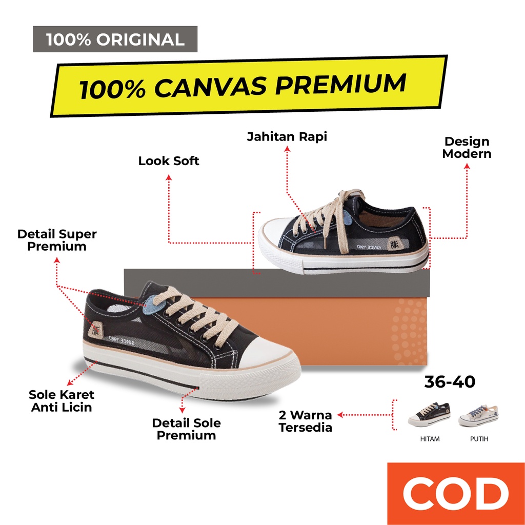 Sepatu Kanvas Tali Wanita Premium Sneakers Jalan Kuliah OOTD Kece Fashion Korea Soft Color Hitam Put