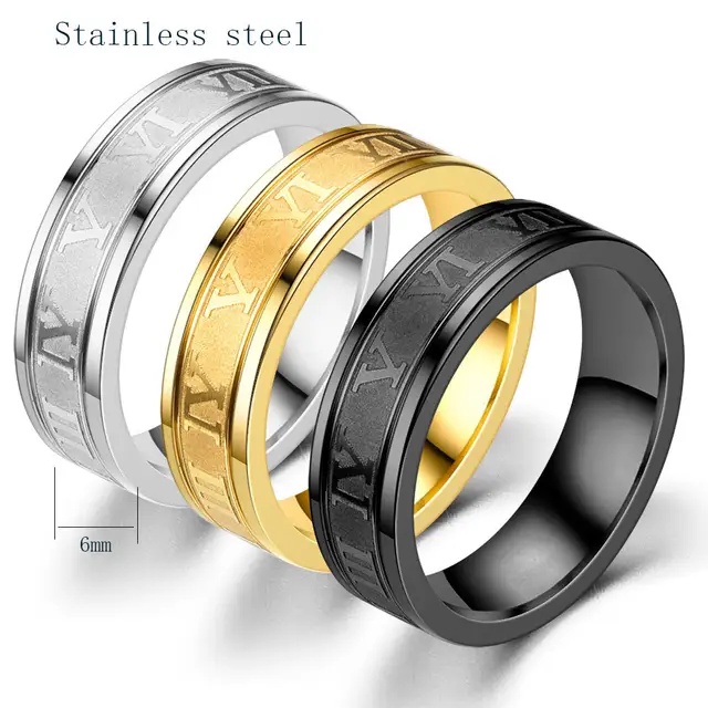 Cincin Couple Hitam Titanium Stainless Steel Angka Romawi Dan Sisi Rata Polos Anti Karat Selamanya Fashion Ring Pria Wanita Gaul Metal Gaya Elegan Kasual Vintage Colossal Anniversary Hari Jadi