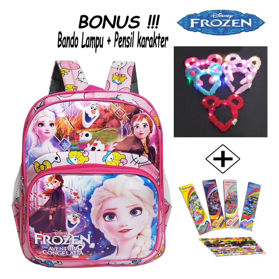 TAS SEKOLAH ANAK PEREMPUAN TK / PAUD KARAKTER FROZEN RANSEL MINI / TAS NGAJI ANAK CEWEK FREE BANDO LED DAN PENSIL