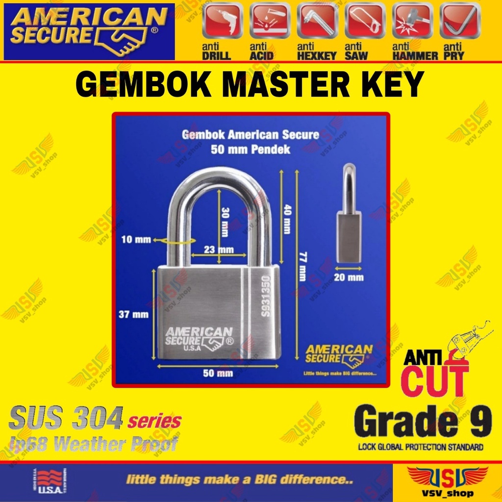 American Secure Gembok master key 50mm isi 5 / gembok rumah / gembok gudang