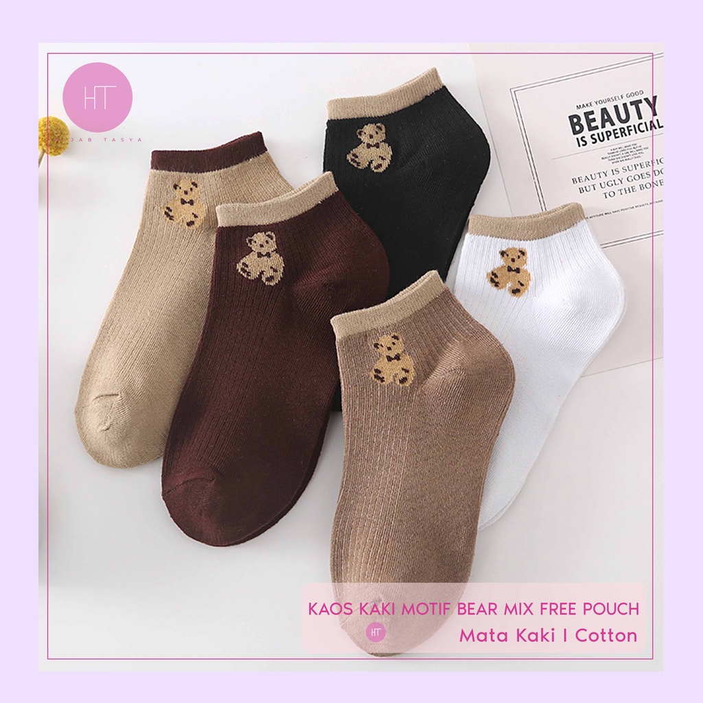 Kaos Kaki Pendek Garis Motif Bear - Free Pouch (Warna Mix)