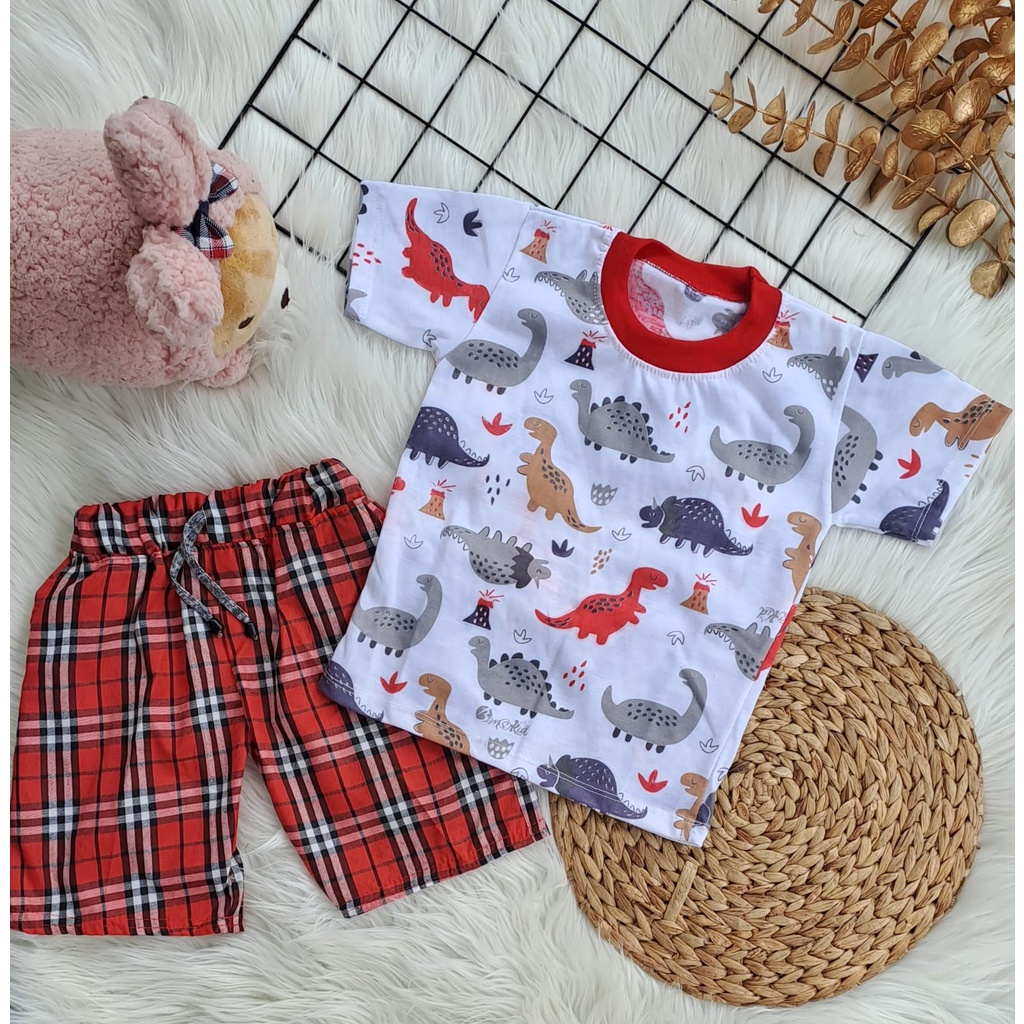 stelan baju bayi laki laki perempuan lucu murah motif DINO PARK CELANA CELE 1-2 tahun