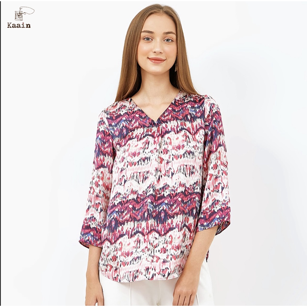 V neck 3/4 sleeve Top with roll up sleeve tab