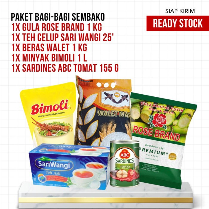 

Paket Sembako - Bimoli 1L + Beras 1kg + Sardines Tomat + Teh Sariwangi