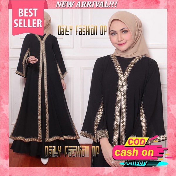 Maxy Dress Outer Set Gamis Abaya Umroh Haji Perempuan (New Abaya Turkey Kamila) Muslim Jetblack Saud