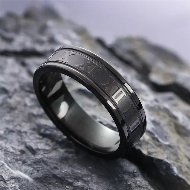 Cincin Couple Hitam Titanium Stainless Steel Angka Romawi Dan Sisi Rata Polos Anti Karat Selamanya Fashion Ring Pria Wanita Gaul Metal Gaya Elegan Kasual Vintage Colossal Anniversary Hari Jadi