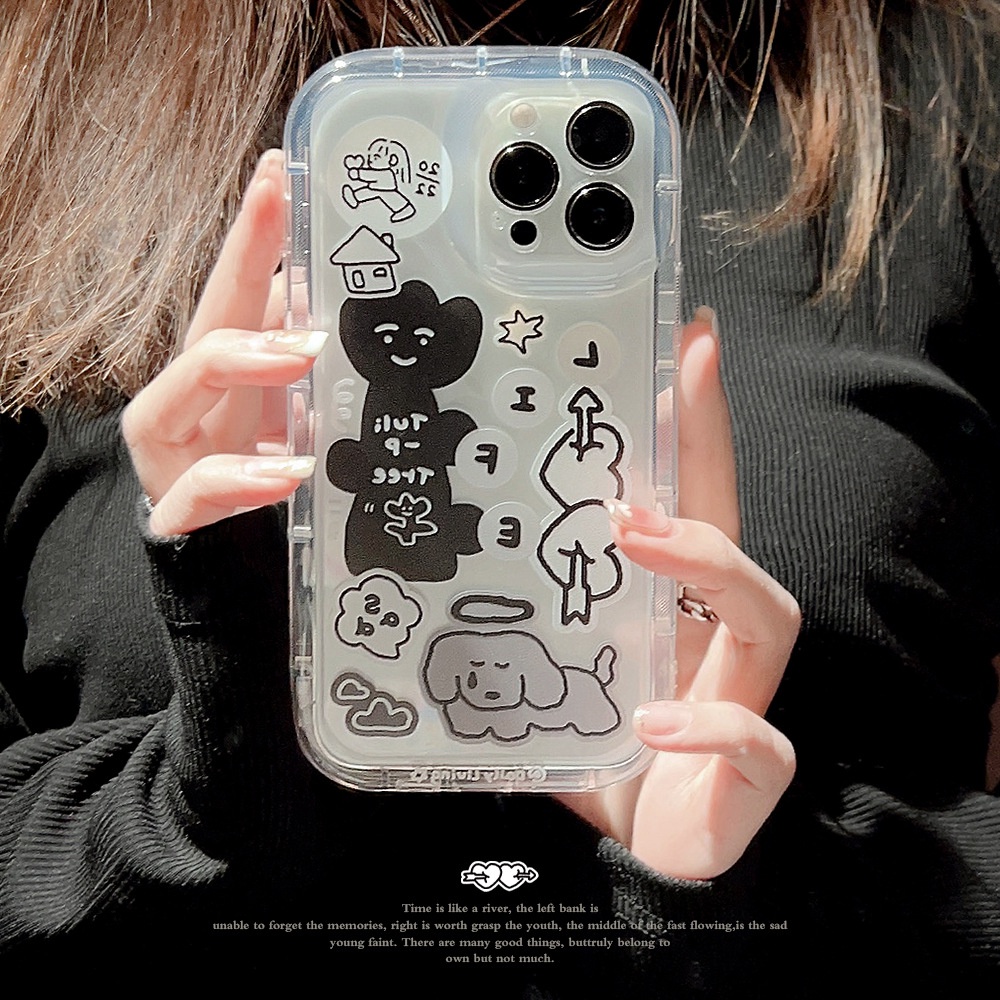 IPHONE Kartun Doodle Puppy Dogs Label Stiker Dicetak Pelindung Lensa Kamera Transparan Phone Case Cover Untuk Iphone11 12 13 14 PLUS PRO MAX TPU Shell