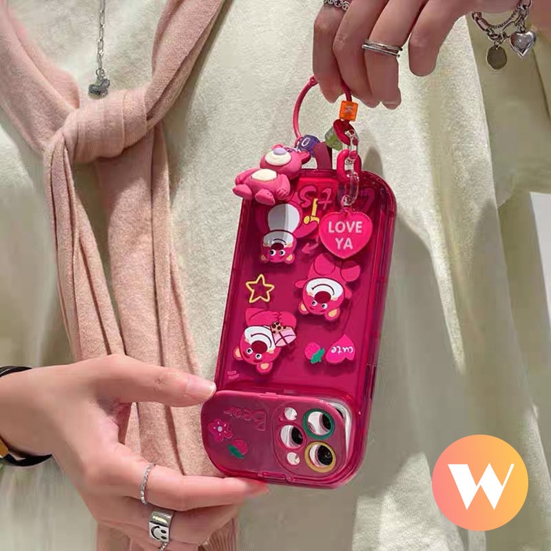 Flip Make Up Cermin Lembut Rose Red Case Kompatibel Untuk IPhone 7Plus 11 13 12 14 Pro Max XR 8Plus X XS Max SE 2020 Kartun Lucu Strawberry Bear Manyo Back Full Cover