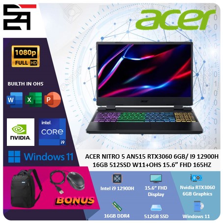 Acer Nitro 5 AN515 RTX3060-6GB i9 12900H 16GB 512GB SSD W11 OHS 15.6 Inchi FHD 165Hz 100SRGB