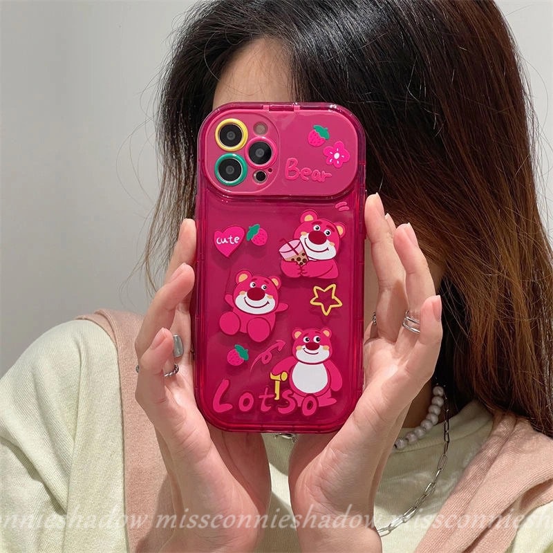 IPHONE Casing Ponsel Cermin Make Up Flip Kreatif Kompatibel Untuk Iphone11 7 8 14 Plus XR 13 12 11 14 Pro MAX XS MAX X SE Rose Red Lucu Kartun Strawberry Bear Manyo Soft TPU Silicon Case