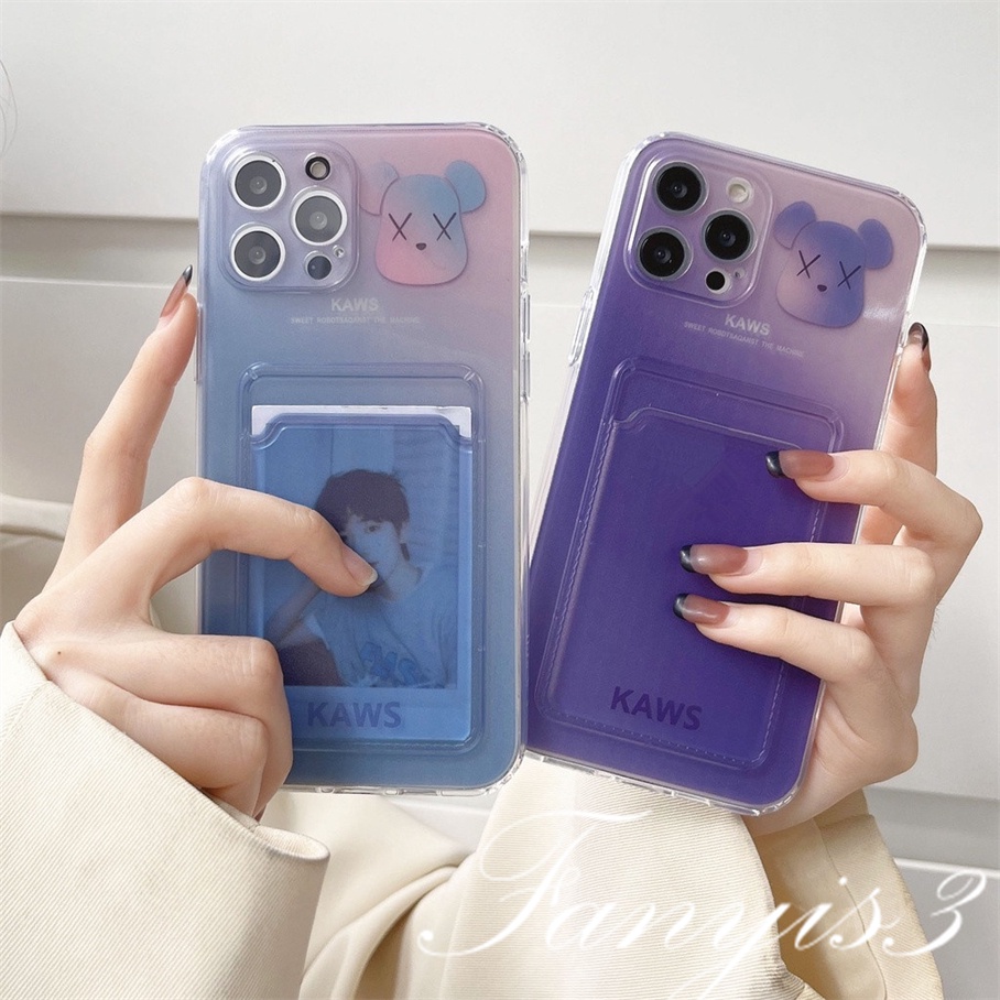 Redmi A1 Plus 10C 10A 10 9A 9C 9 9T Note 11s 10s 9s 11 10 9 8 Pro Poco X3 NFC X3Pro Mi 11 12 Lite 11T Pro Purple Bear Card Holder Phone Case Clear TPU Soft Cover Pelindung