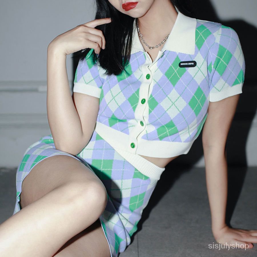 [✅BISA COD] #Sisjuly# Set rajutan kotak-kotak pendek sutra sutra polo leher es wanita dua potong rok