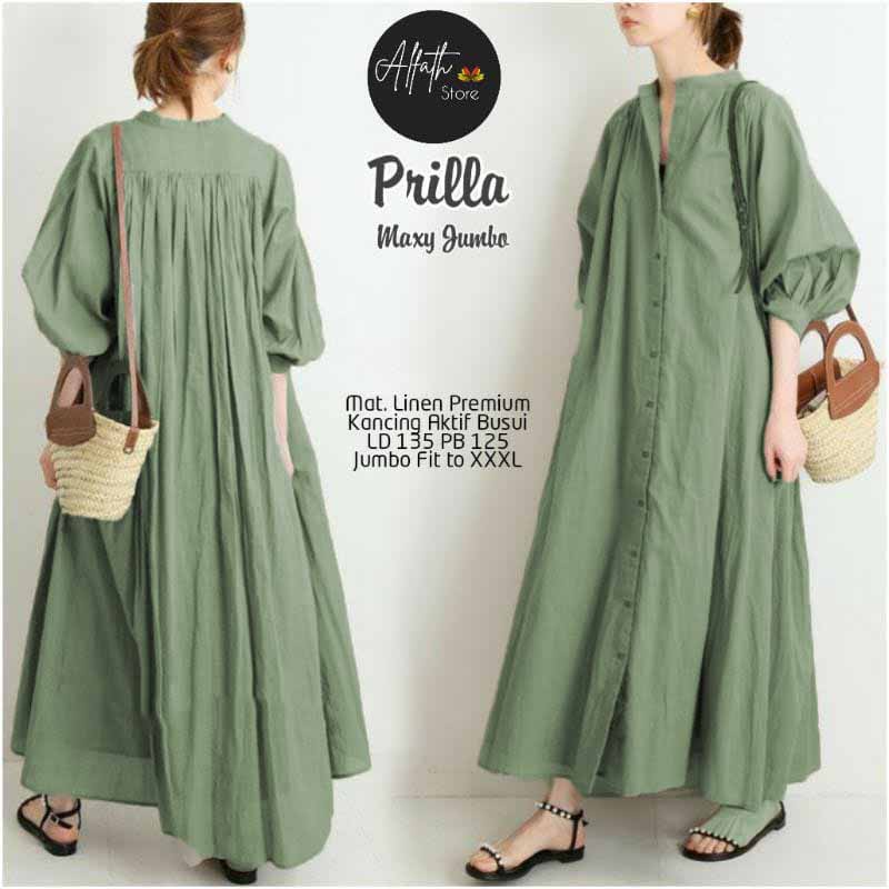 BEST SALE GrosirBajuBandung17 ( TERBARU ) Gamis Prilia Maxy Dress Bahan Polo Linen Model Elegan
