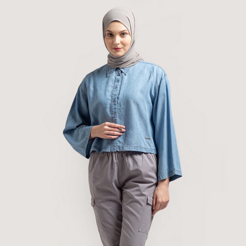 Greenlight Kemeja Kerah Original LenganPanjang Lyocell Shirt Basic Wanita Biru 070322