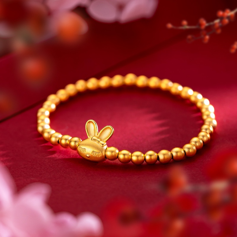 Goldkingdom Perhiasan Fashion Emas Asli Kadar 375Bangkok Aksesoris Ready Stock Zodiak Cina Tahun Kelinci Hidup Ini Tali Gelang Kelinci Lucu Manik-Manik Kekayaan