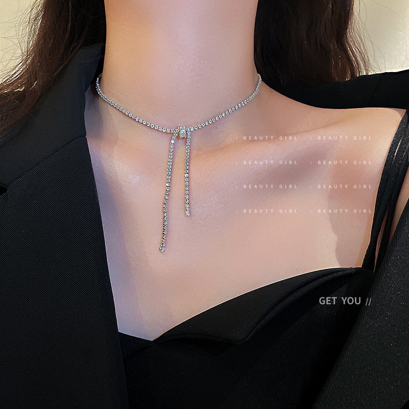 YEEZII Zircon Bow Kalung Untuk Wanita Kristal Perak Rantai Choker Aksesoris Perhiasan