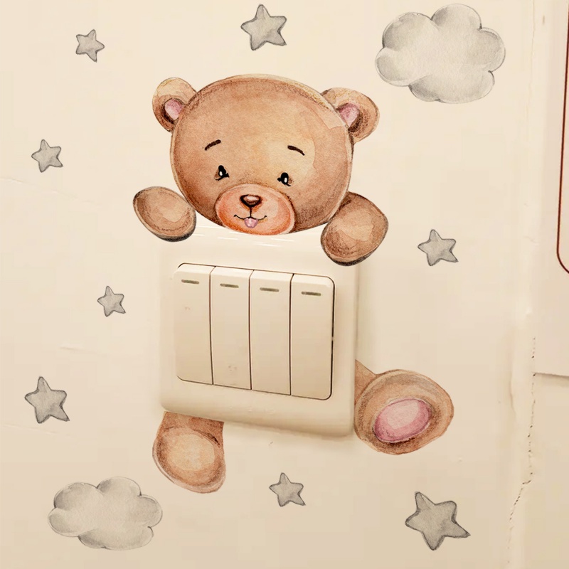 Cartoon Bear Star Switch Sticker / Self-adhesive Cute Bear Clouds Wall Decal For Kid Baby Bedroom Decoration