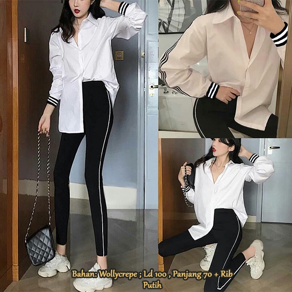 KEMEJA RIBS FORMAL TRENDY WANITA WARNA PUTIH LIST HITAM LENGAN PANJANG BAHAN WOLLYCREPE LENGAN KARET TOP WANITA FULL KANCING BUSUI FRIENDLY