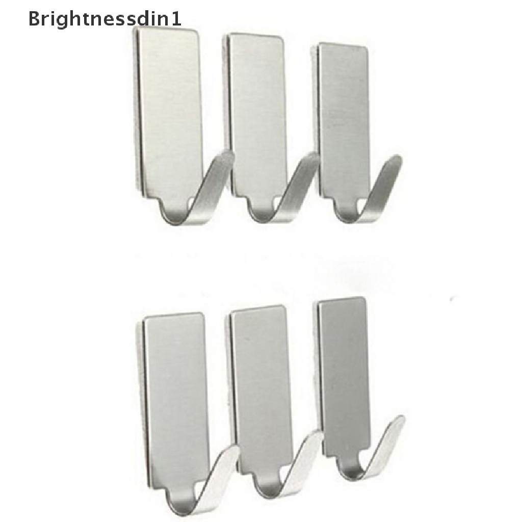 [Brightnessdin1] 6x Perekat Dapur Dinding Pintu Stainless Steel Square Stick Holder Hook Gantungan Butik